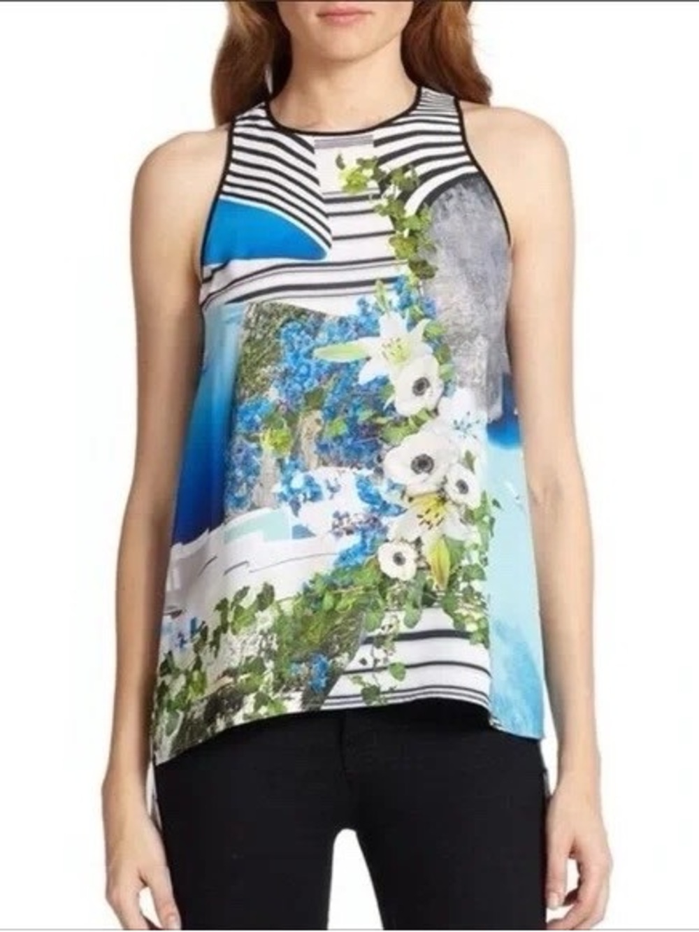 NWT Clover Canyon Blue White Floral Graphic Halter Tank XS